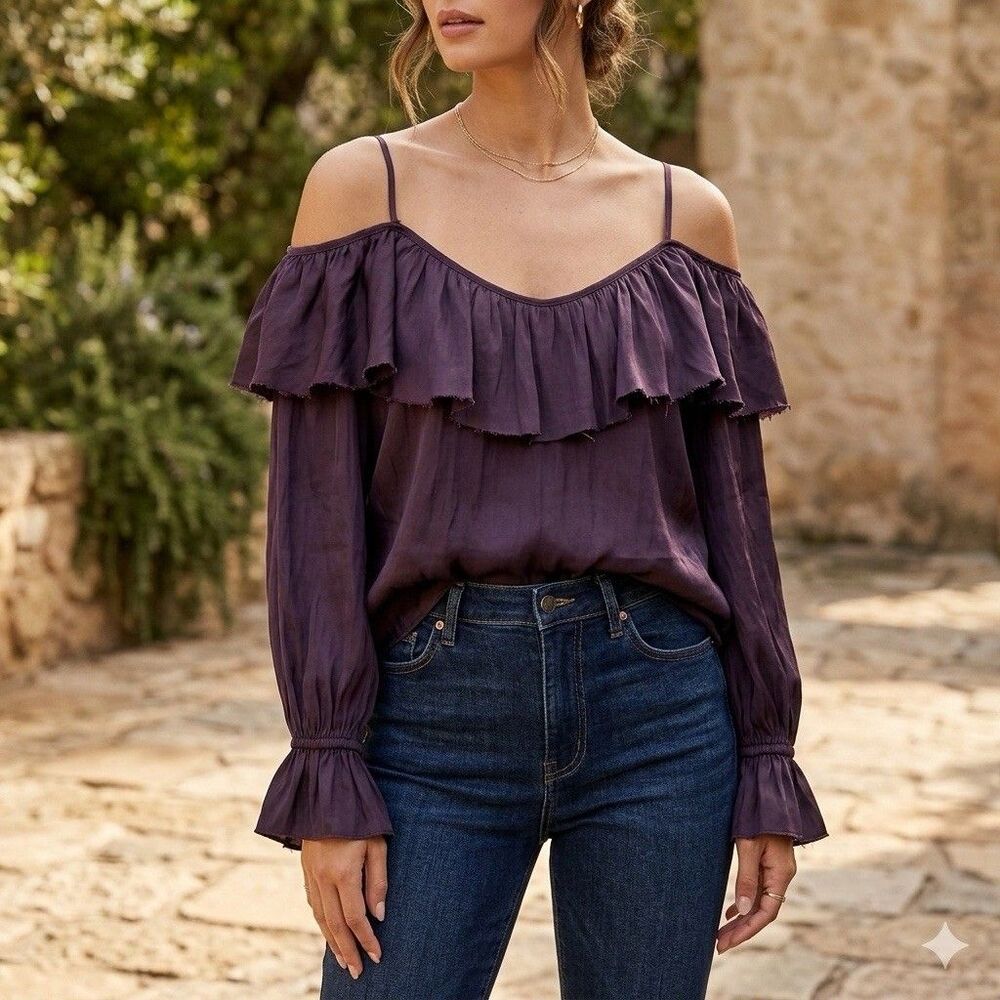 Elan Deep Plum Purple Cold Shoulder Ruffle Blouse M Boho Romantic Shimmer Satin